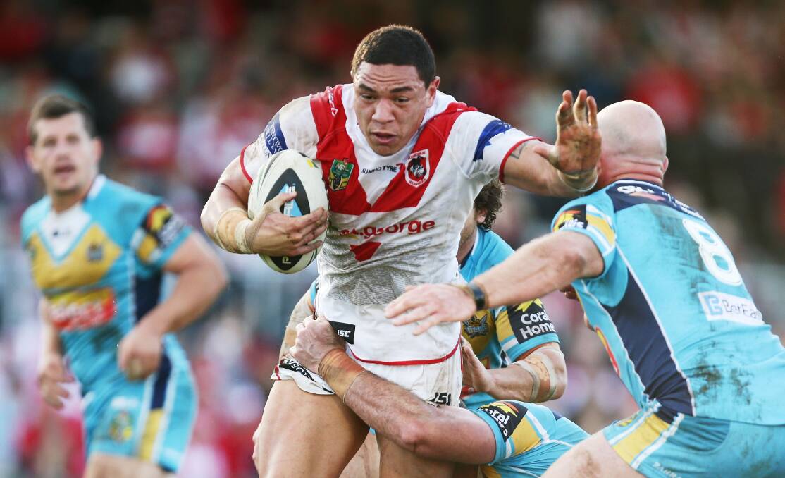 Tyson Frizell makes a charge for the Dragons against Gold Coast on Sunday. Picture: GETTY IMAGES
