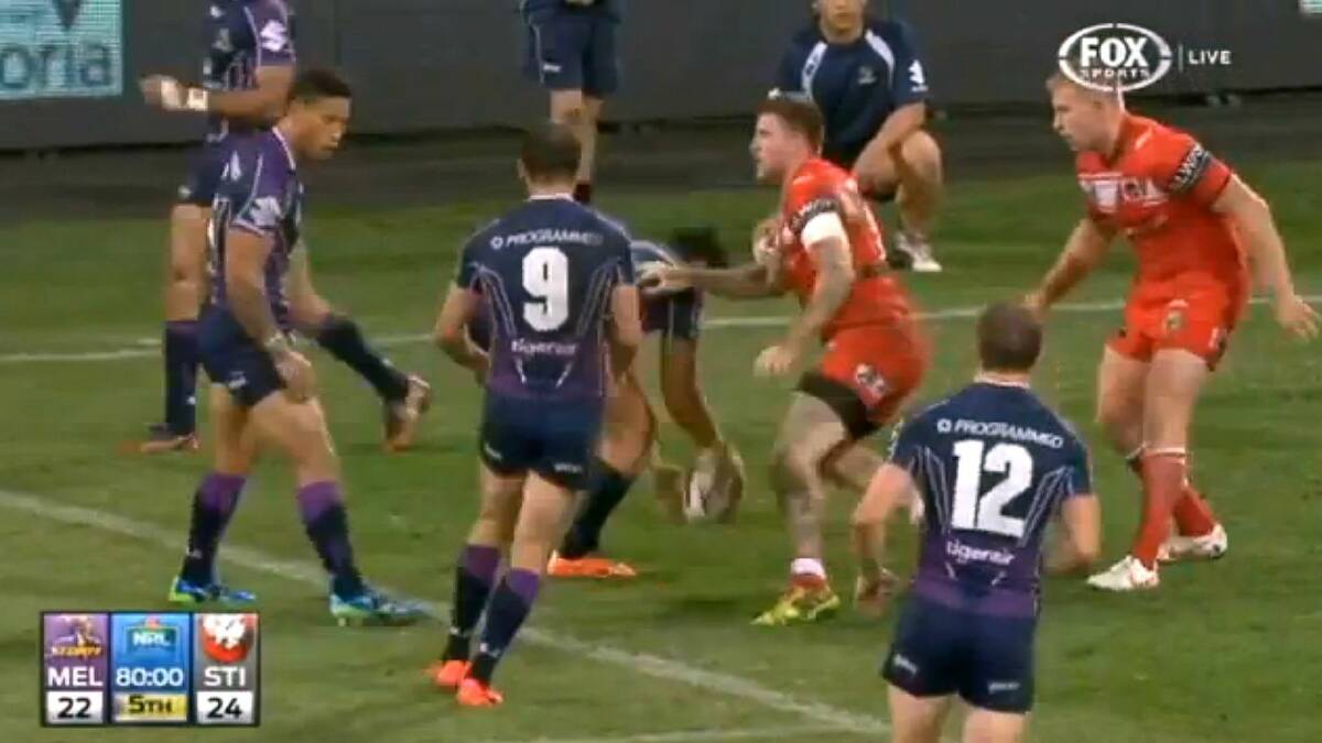 The play-the-ball by Melbourne Storm which television shows was played after time was up. 