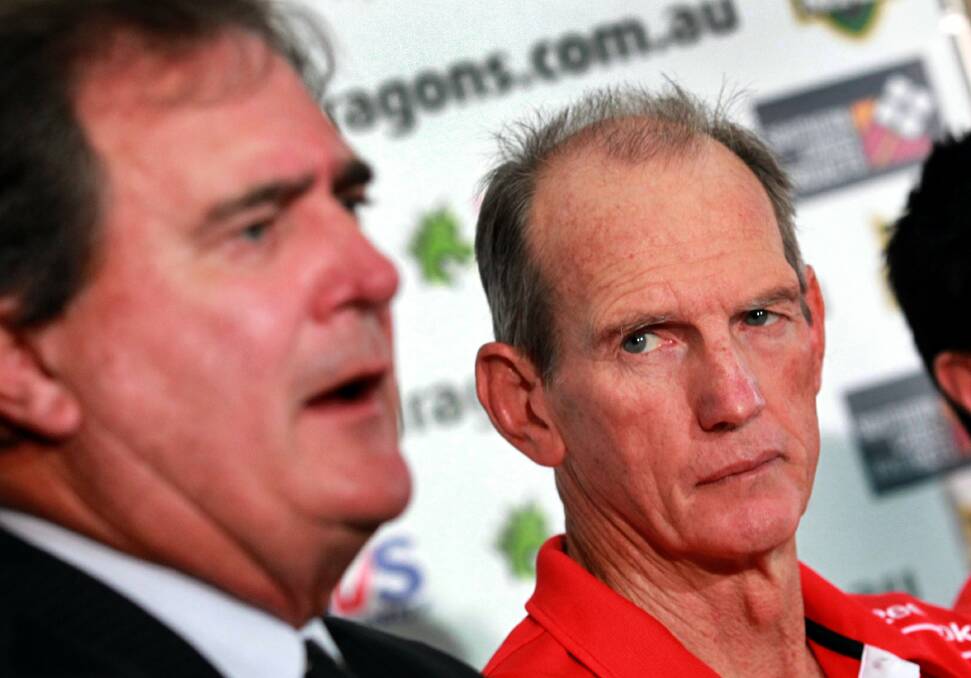 Peter Doust and Wayne Bennett at the media conference in 2011 announcing that Bennett was leaving St George Illawarra at the end of that season. Picture: ORLANDO CHIODO