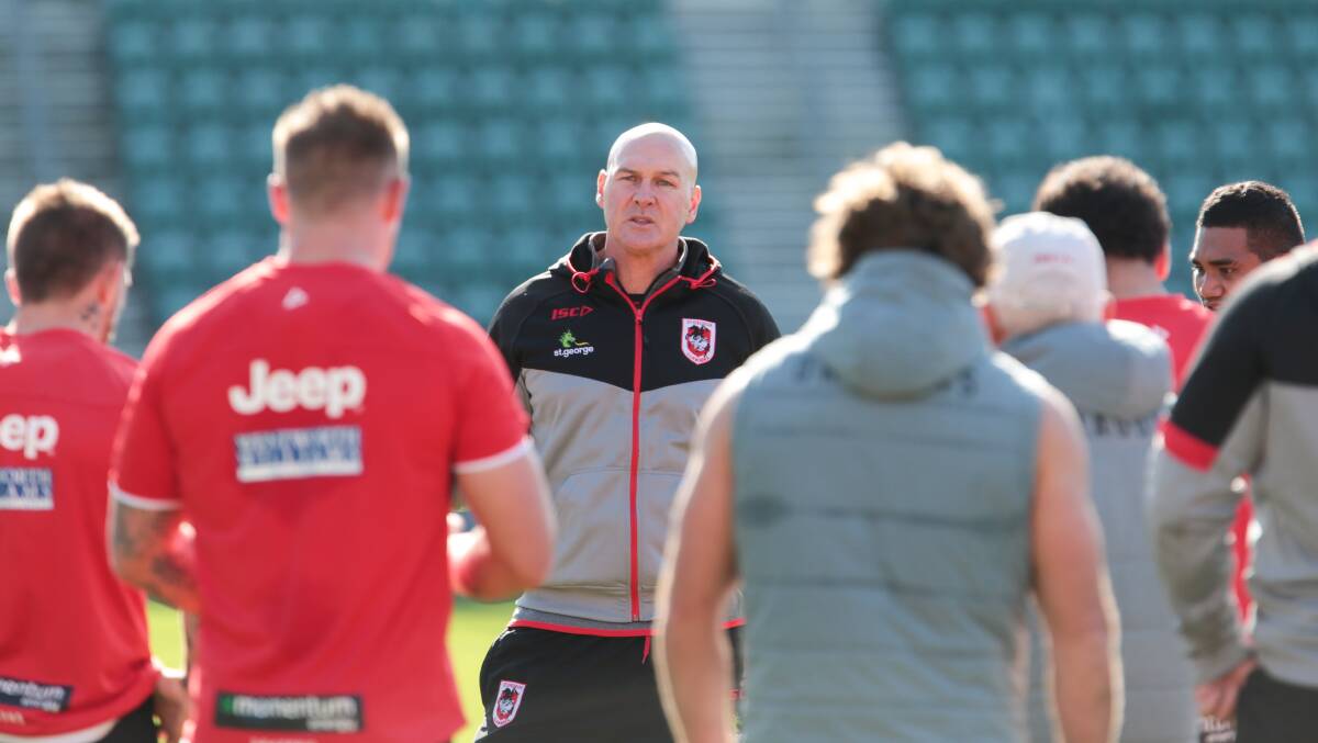 St George Illawarra coach Paul McGregor addresses his new-look Dragons side during training at WIN Stadium on Friday. Picture: ADAM McLEAN