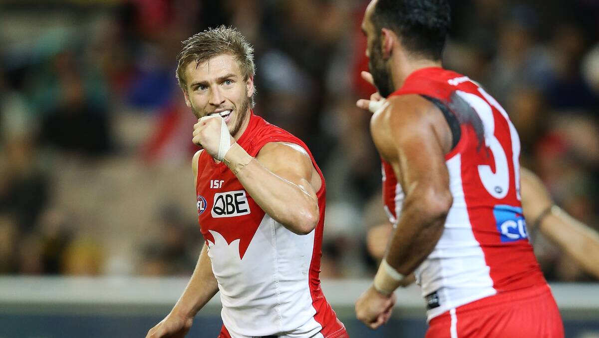 Kieren Jack celebrates a goal with Adam Goodes during Friday night's match against Richmond at the MCG. Picture: GETTY IMAGES