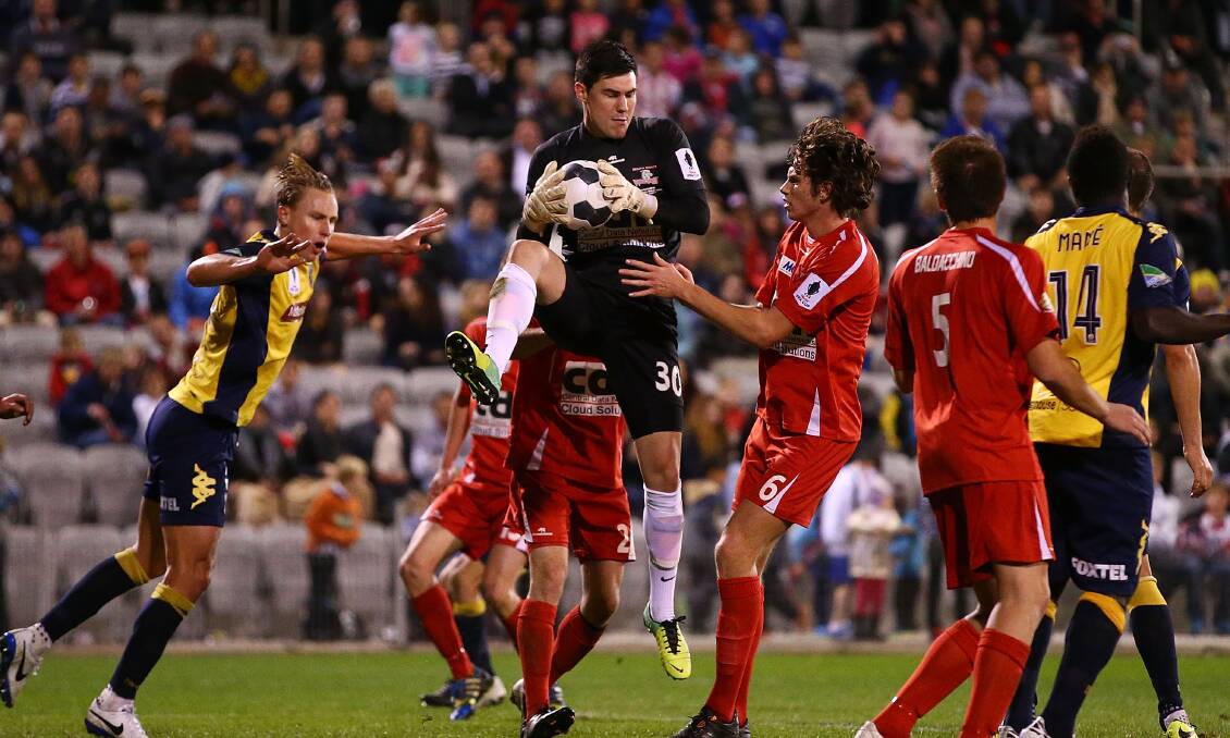 Daniel Collison of the Wolves makes a save during the FFA Cup match between the South Coast Wolves and the Central Coast Mariners at WIN Stadium on Wednesday. Picture: GETTY IMAGES