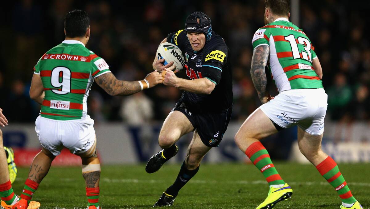 Panthers forward Nigel Plum runs the ball during Friday's night's clash against the Rabbitohs  at Pepper Stadium. Picture: GETTY IMAGES

