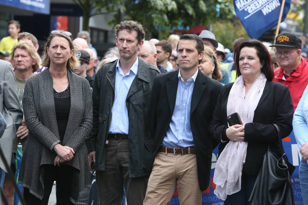 MPs Sharon Bird, Stephen Jones, Ryan Park and Anna Watson await the microphone. Picture: Robert Peet