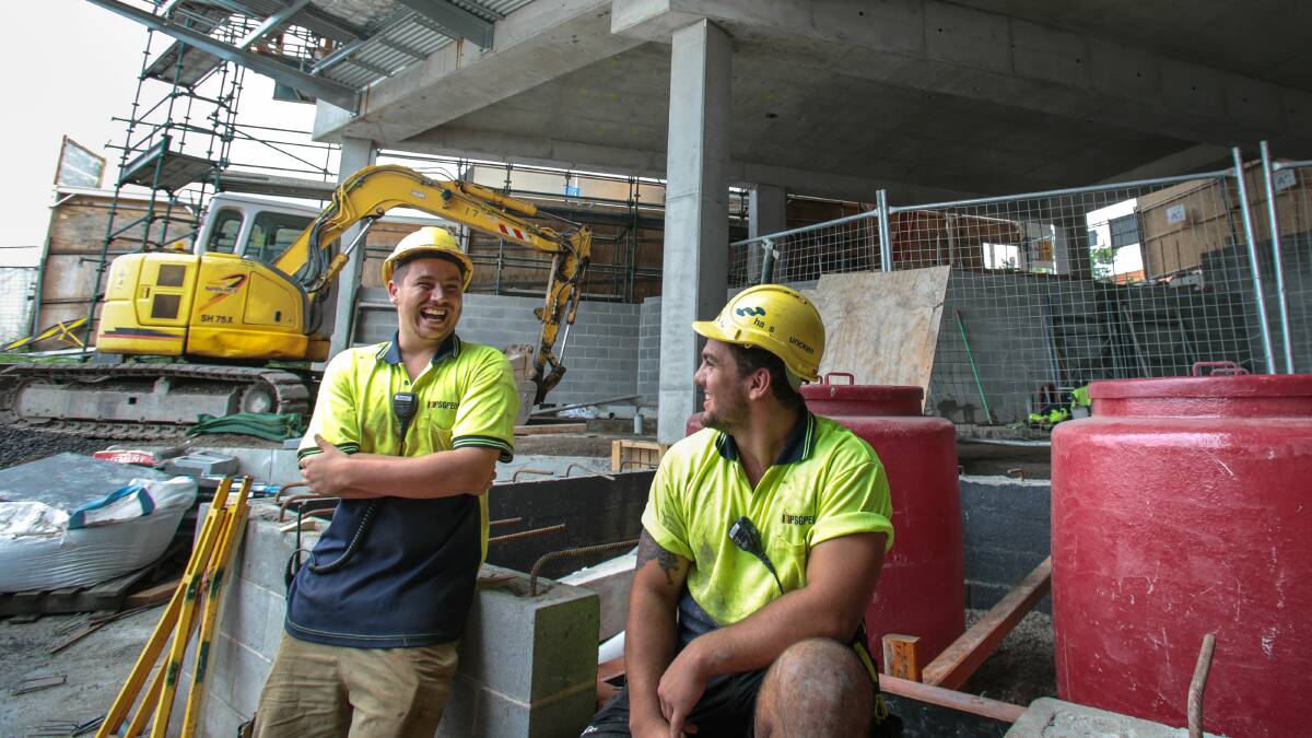 Indigenous construction workers Kane Flavell and Brodie McGhie are working on the Wollongong Hospital rebuild. Picture: ADAM McLEAN