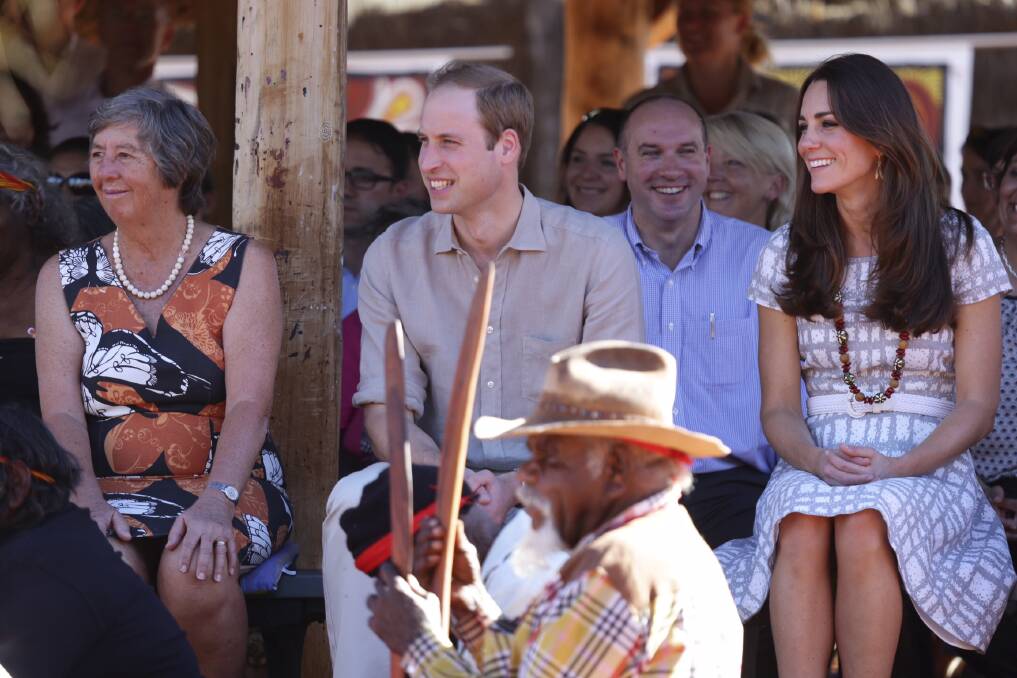 The royal couple at the Cultural Centre, Uluru-Kata Tjuta National Park, where they met with artists, viewed a traditional song and dance and a royal Welcome to Country. Picture: WOLTER PEETERS