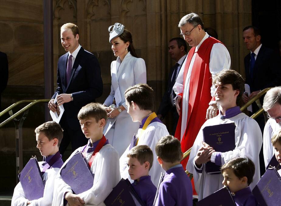 The royal couple stand alongside a choir, Archbishop of Sydney Glenn Davies and Prime Minister Tony Abbott following Easter Sunday Service at St Andrews Cathedral in Sydney. Picture: REUTERS