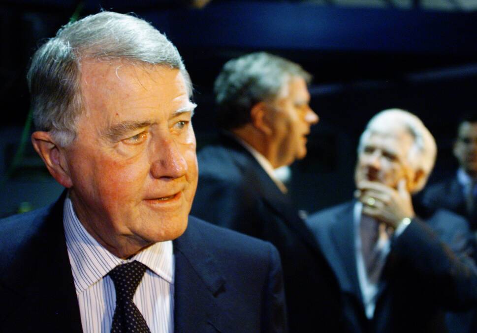 Neville Wran, with Kim Beazley and Bob Hawke in the background. 