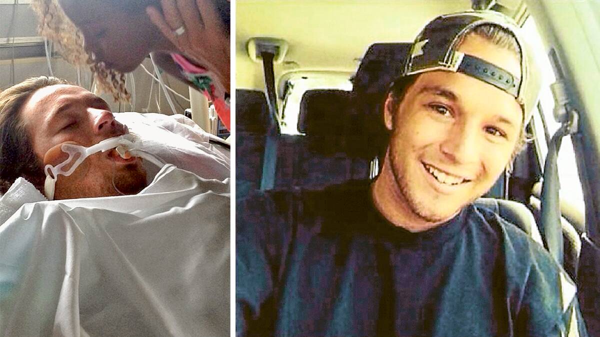 Connor Eckhardt lying brain dead in a hospital bed following his experimentation with synthetic cannabis.