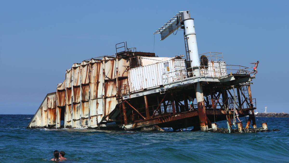 The dilapidated and long-defunct Oceanlinx Wave Generator near Coal Loader Road, Port Kembla. Picture: KIRK GILMOUR