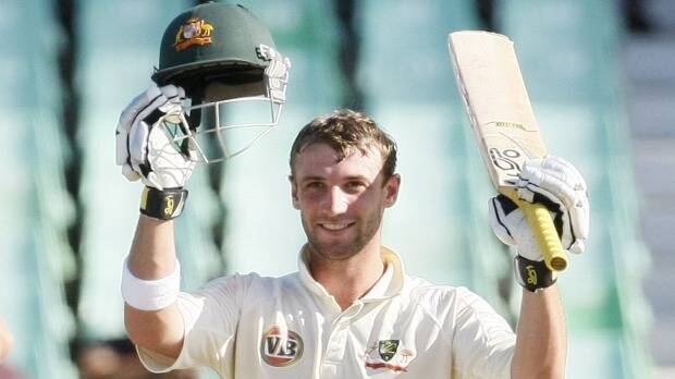 Phillip Hughes celebrates after scoring his second Test century at Durban in 2009. Picture: GETTY IMAGES