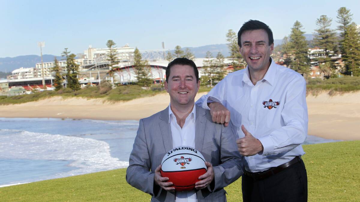 New Hawks team owner James Spenceley with chairman Peter Bahlmann. Picture: ANDY ZAKELI