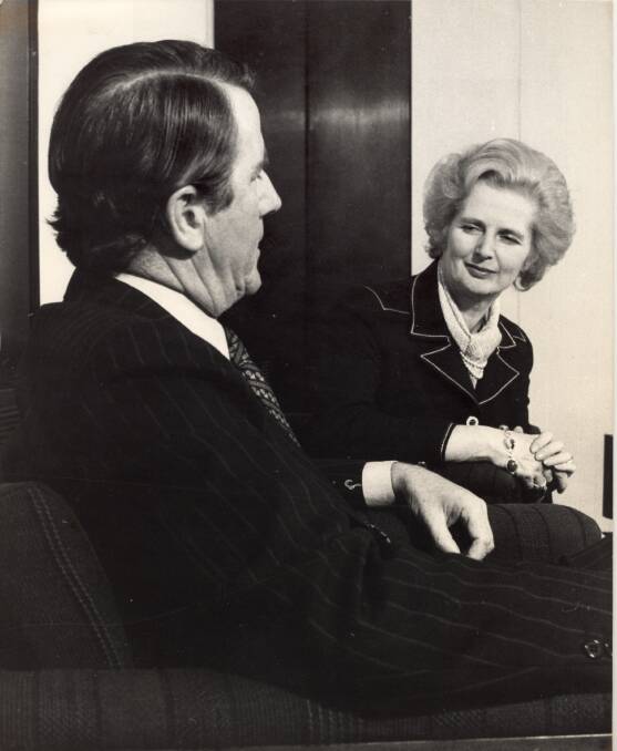 Margaret Thatcher visits the premier at his Sydney offices in 1976.