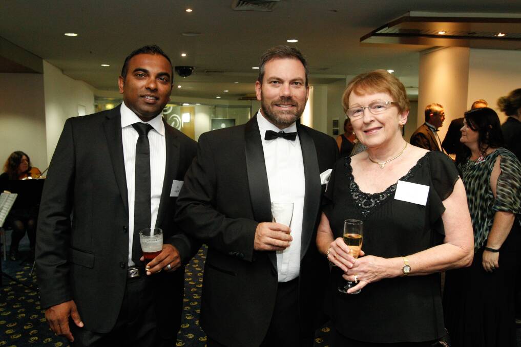 Raj Lingam, Mike Leask and Wendy Hough at the Illawarra Connection’s black-tie dinner.