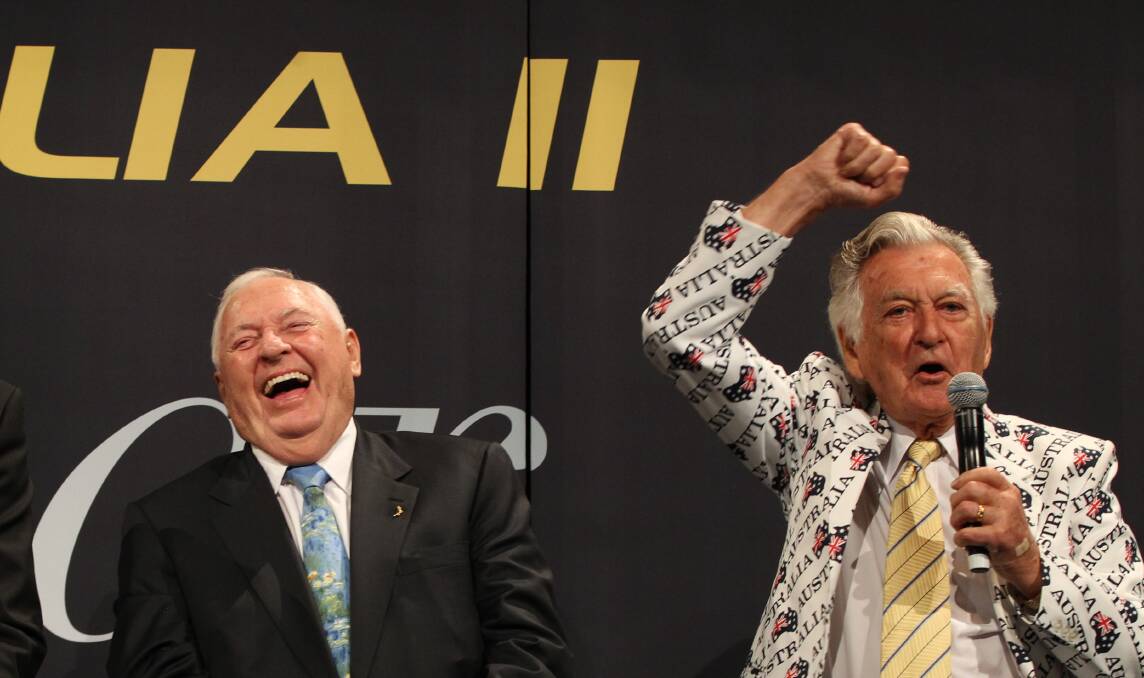 Former national 'hero' Alan Bond, left, and former PM Bob Hawke during a Sydney luncheon in 2013 to celebrate the 30-year anniversary of Australia II's victory in the America's Cup.