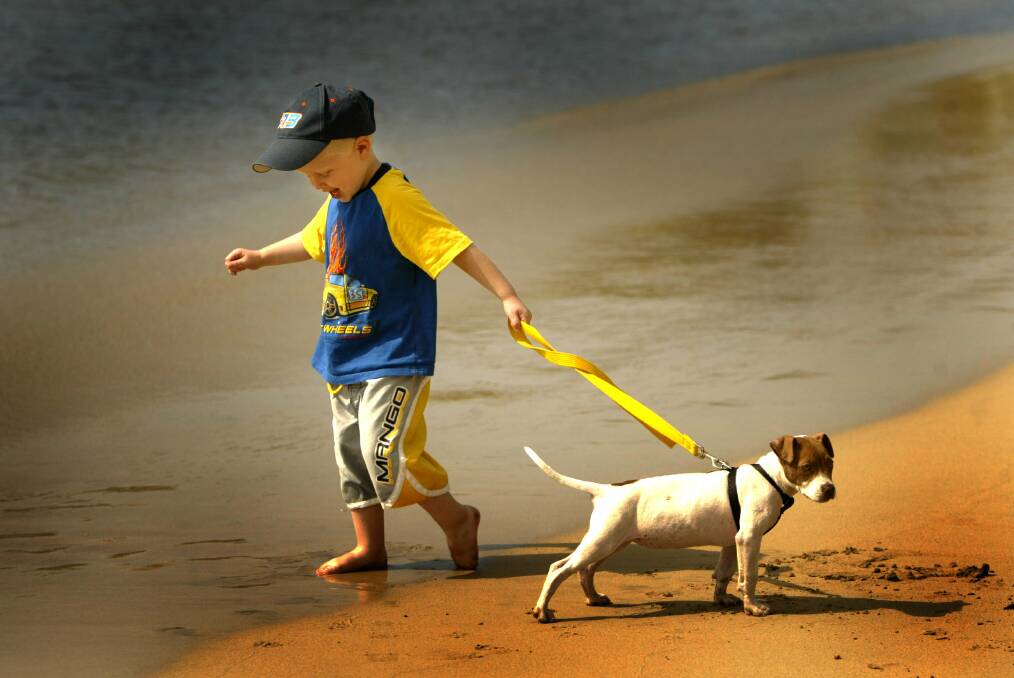 Horsley's Dylan and his dog Jess made the most of Easter Monday, playing on the foreshore of Belmore Basin.