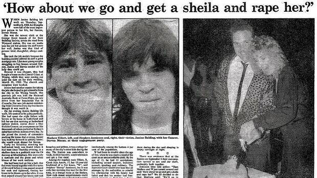 A report in the Herald on June 23, 1990, on the trial of Matthew Elliott, left, who was 16, and Wayne Jamieson, who was 22, when they murdered Janine Balding, right, pictured with her fiance. Picture: Supplied