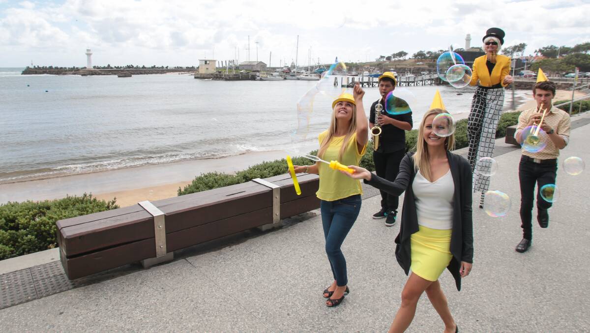 Brittany Vickers, Charles Ho, Brooke Jeal, Libby Bloxham and Jack Purdon at Wollongong Harbour for the launch of the council’s New Year’s Eve Celebrations. Picture: ADAM McLEAN