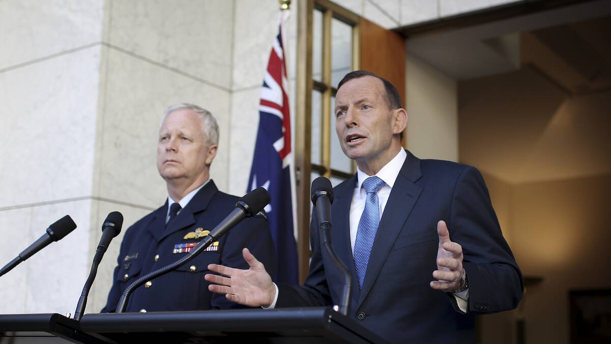 Prime Minister Tony Abbott and Air Chief Marshal Mark Binskin. Picture: ALEX ELLINGHAUSEN