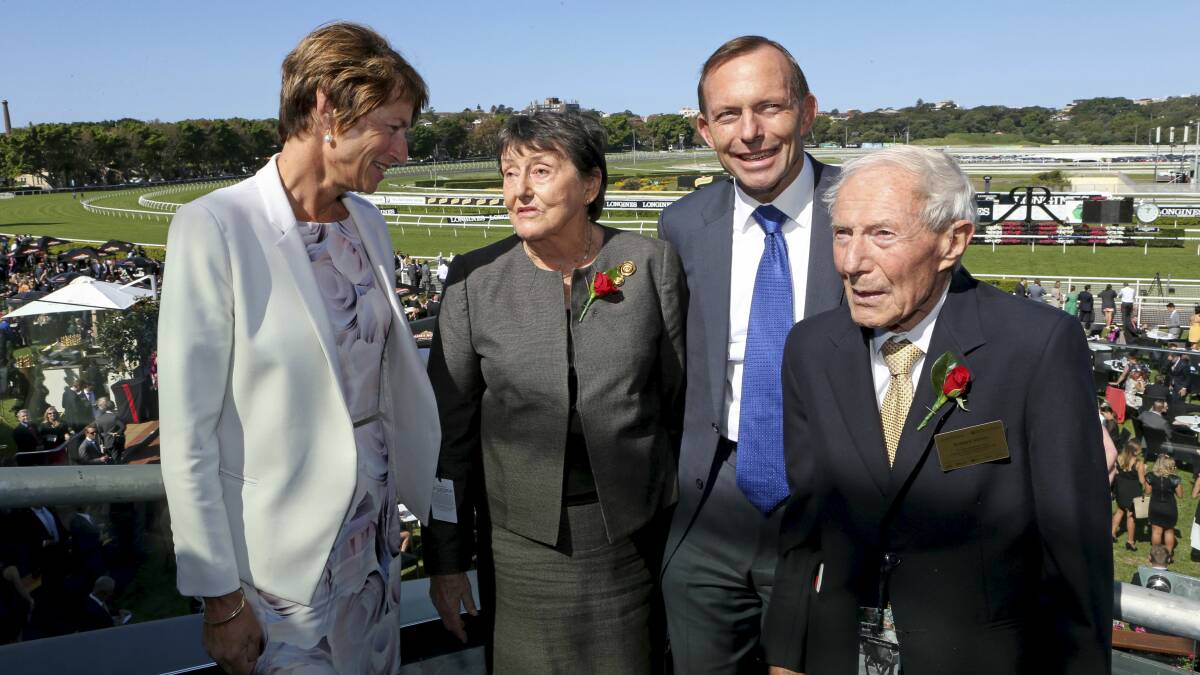 Tony Abbott with his wife Margie, and parents Fay and Richard Abbott at Royal Randwick racecourse. Picture: DAMIAN SHAW