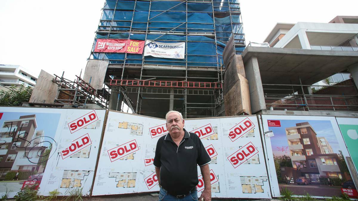 Union boss Mick Lane at the stalled StromCorp residential complex in Victoria Street, Wollongong, in April. Picture: ADAM McLEAN