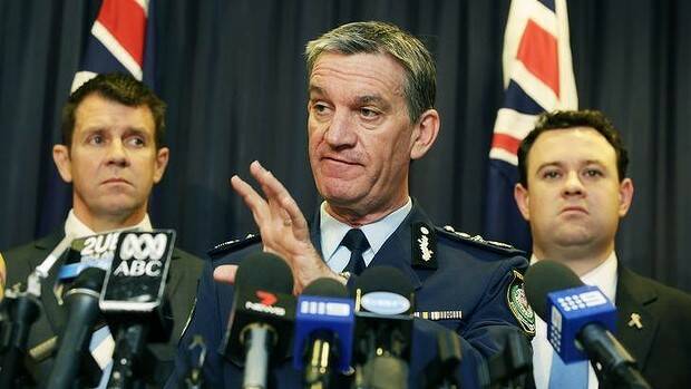 NSW Police Commissioner Andrew Scipione, flanked by Premier Mike Baird and Police Minister Stuart Ayres, briefs the media on Operation Hammerhead. Picture: JESSICA HROMAS