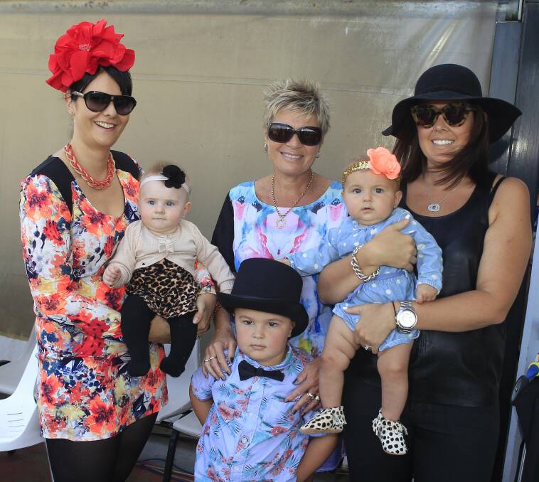 Tamara Goslett with Remi, Angela Bogg with Knox Wade and Zoie Wade with Chilli Wade at Kembla Grange Racecourse. Picture: ANDY ZAKELI