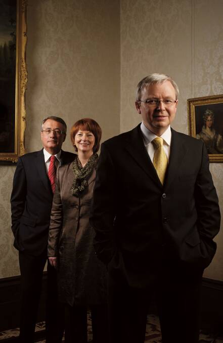 Power players: Swan with Julia Gillard and Kevin Rudd at a 2008 cover shoot for AFR Magazine. Picture: ANDREW QUILTY