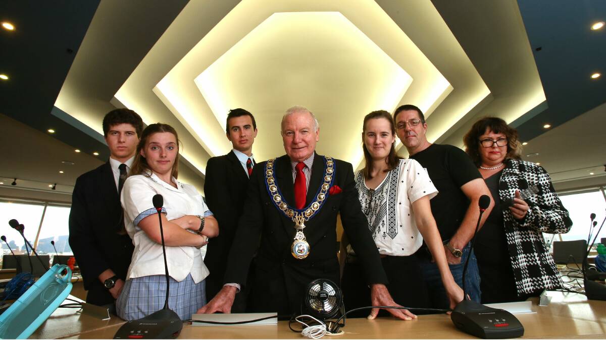 Students Dimi Havadjia, Brooke Carmody and Isaac Hayne took on Alex Breitsameter, Professor Ian Buchanan and councillor Ann Martin in Lord Mayor Gordon Bradbery's Great Debate of the Ages. Picture: KIRK GILMOUR