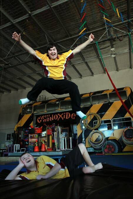 Murray McLean and Riley Joiner (on mat) like to jump and tumble at Circus Monoxide. Picture: SYLVIA LIBER