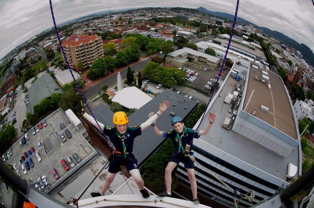 Balgownie scouts Ashton and Haydn before abseiling down the Wollongong City Council building. 