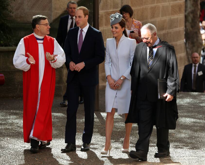 The Duke and Duchess are farewelled by the Archbishop of Sydney and the Dean of Sydney. Picture: TOBY ZERNA