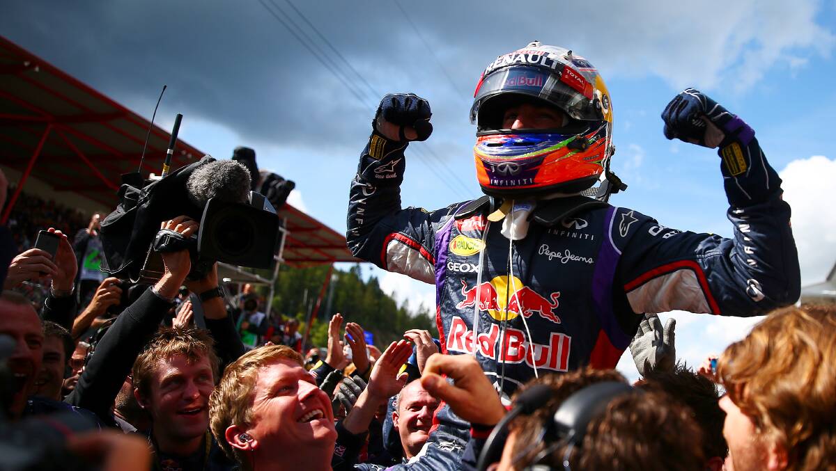 Daniel Ricciardo celebrates after winning the Belgian Grand Prix in August. Picture: GETTY IMAGES