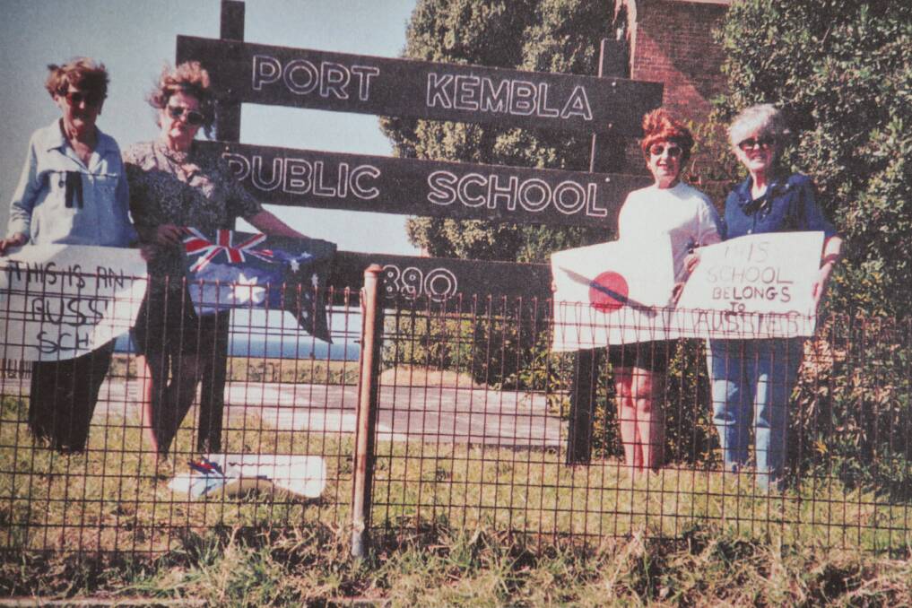 Pam Sloan, Lurline Bell, Pam Michell and Peggy Stransky protest against the sale of Port Kembla Public School.