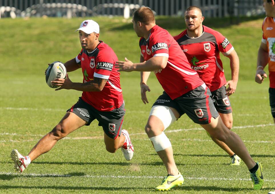 Benji Marshall during his first Dragons training session in Wollongong on Tuesday. Picture: KIRK GILMOUR