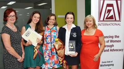 Heather Stuart, Kate Martin, Jessica Sparks, Thea Stephenson and Sheldri Weston at the 2014 Zonta Club of Wollongong International Women's Day afternoon tea at Diamond Offices. Picture by Greg Ellis.
