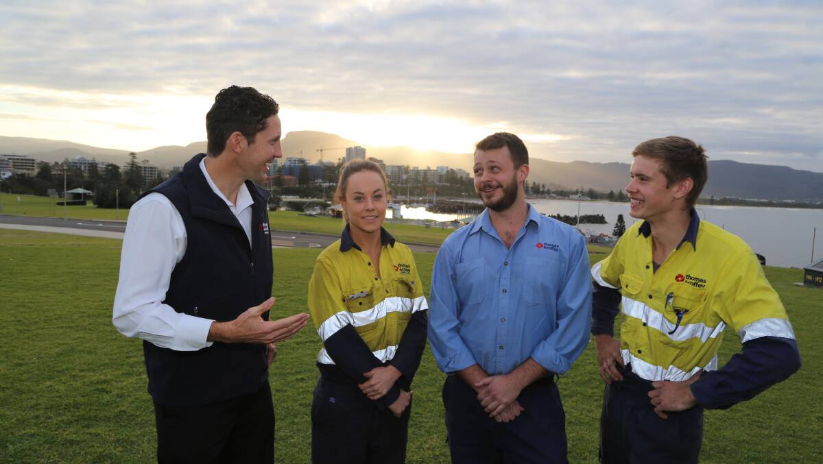 Megan Gregory (second left) with Thomas & Coffey general manager Peter Buckley (left) and workmates Chris Jansen and Brendan den Hoedt. Picture: GREG ELLIS 

