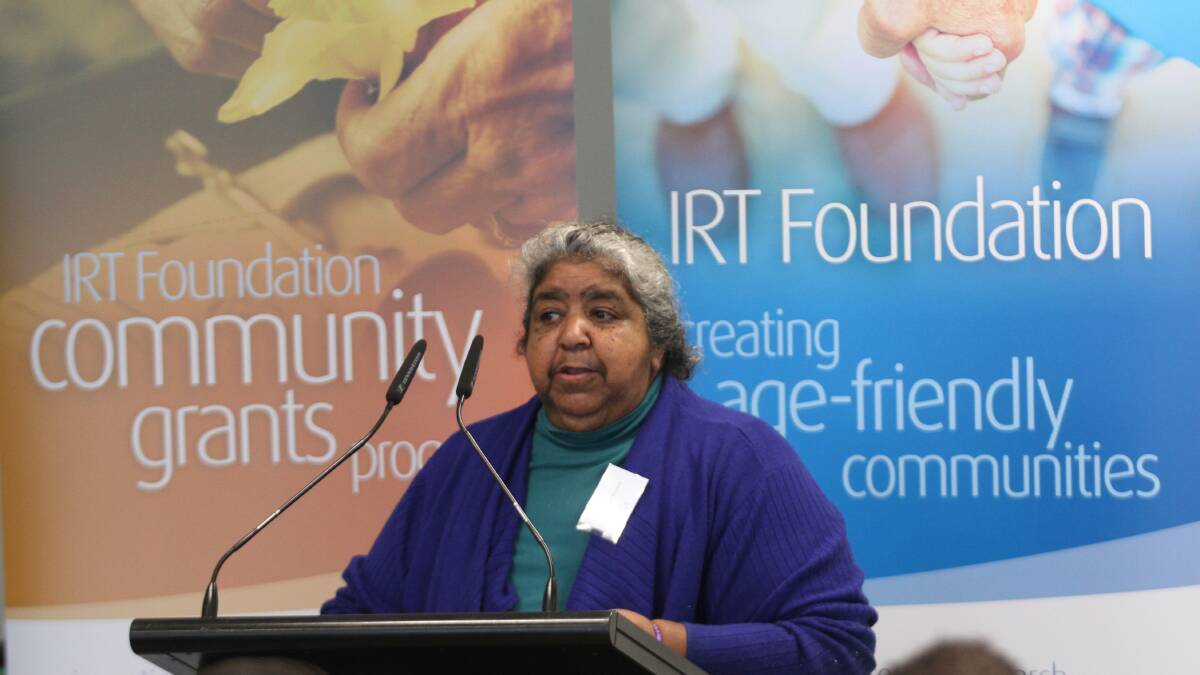 Aunty Lorraine Brown giving the Welcome to Country at the IRT Foundation funding recipient announcements for 2015. Picture by Greg Ellis.

