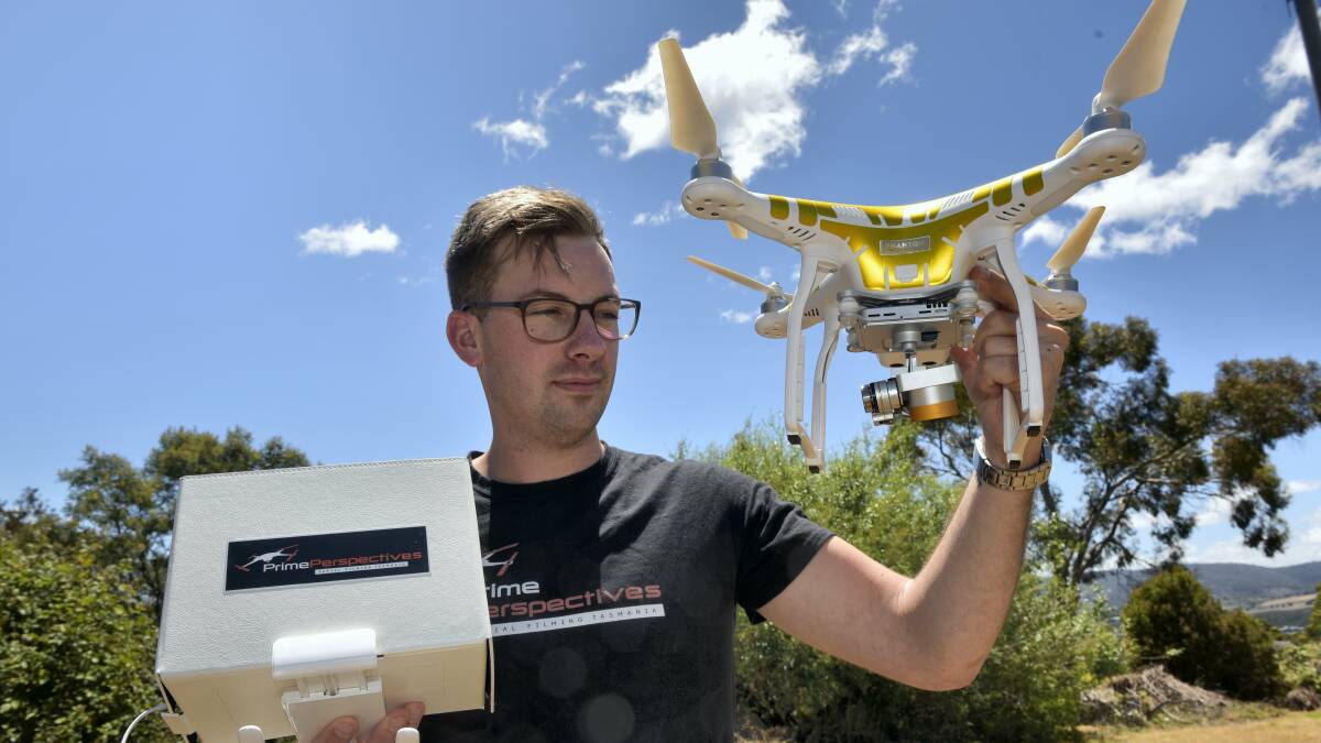 Tim Whybrow, of Launceston, with his DJI Phantom drone. Picture: PAUL SCAMBLER