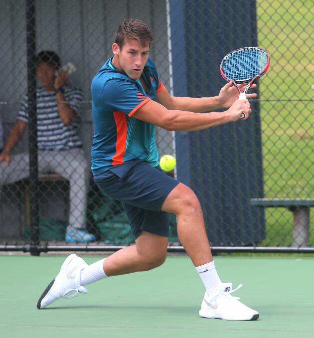 Daniel Guccione prepares for a backhand during his round one loss at the Australian Futures at Beaton Park on Tuesday. Picture: ROBERT PEET