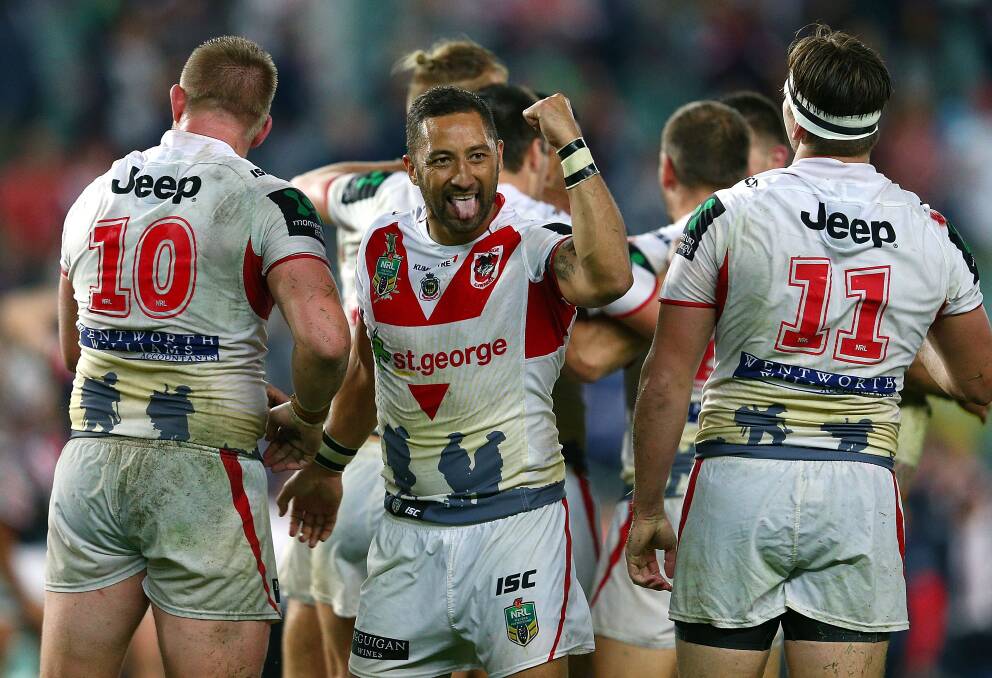 Benji Marshall celebrates with Dragons teammates at Allianz Stadium on Saturday. Picture: GETTY IMAGES