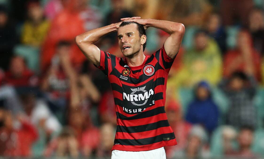 Labinot Haliti of the Wanderers reacts after a missed opportunity at goal during the round four A-League match between the Western Sydney Wanderers and Brisbane Roar at Pirtek Stadium. Picture: GETTY IMAGES