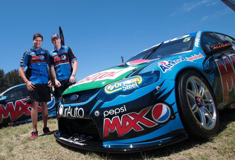 2014 Bathurst 1000 champion Chaz Mostert and veteran Ford Performance Racing driver Mark Winterbottom in Wollongong on Tuesday. Picture: ADAM McLEAN