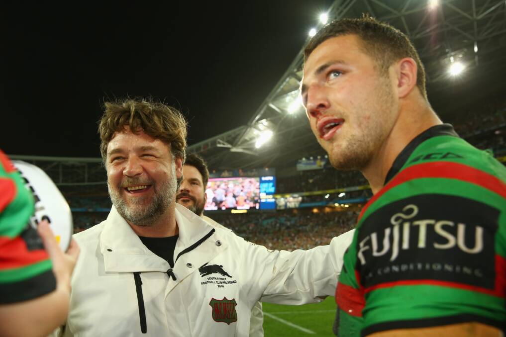 Russell Crowe with Sam Burgess after winning the NRL grand final.
