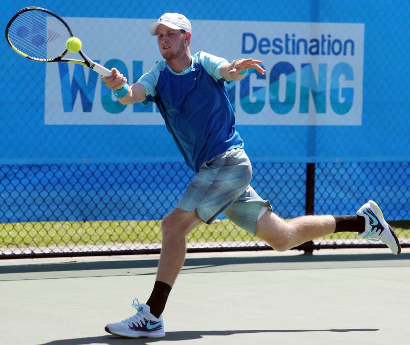 Harry Bourchier smashes a forehand during the opening round of the Futures 10 tournament at Beaton Park on Tuesday. Picture: ROBERT PEET