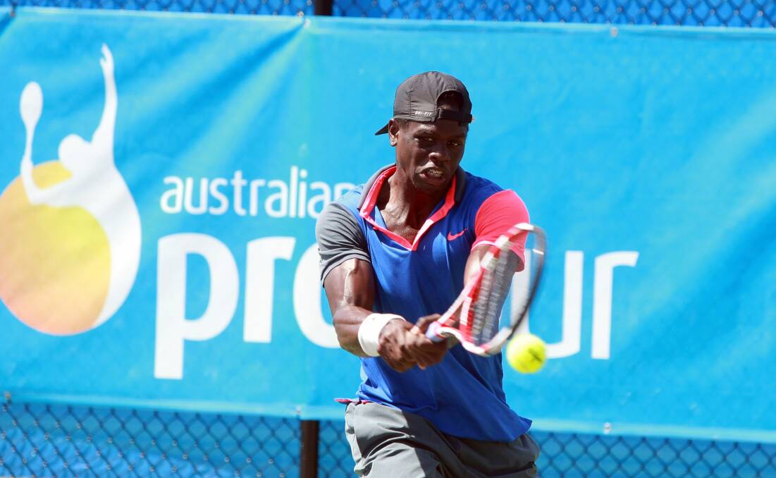 Jarmere Jenkins plays a backhand during the final of the Australian Futures tournament in Wollongong on Sunday. Picture: SYLVIA LIBER