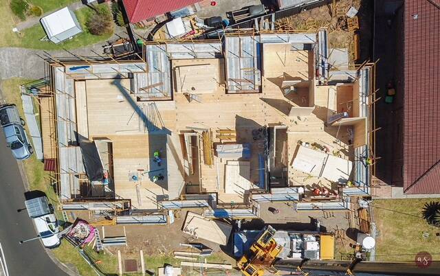 First of a kind: Aerial view of Hyperbuild's new CLT triplex under construction at Ocean Beach Drive, Shellharbour. Image supplied.

