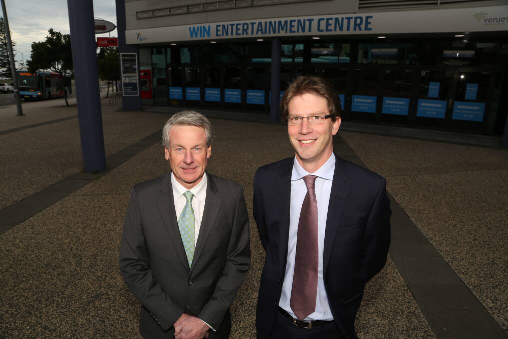 Winners announced soon: IMB Bank chief executive Robert Ryan and Illawarra Business Chamber executive director outside the venue for the 2017 IMB Bank Illawarra Business Awards. Picture: Greg Ellis.
