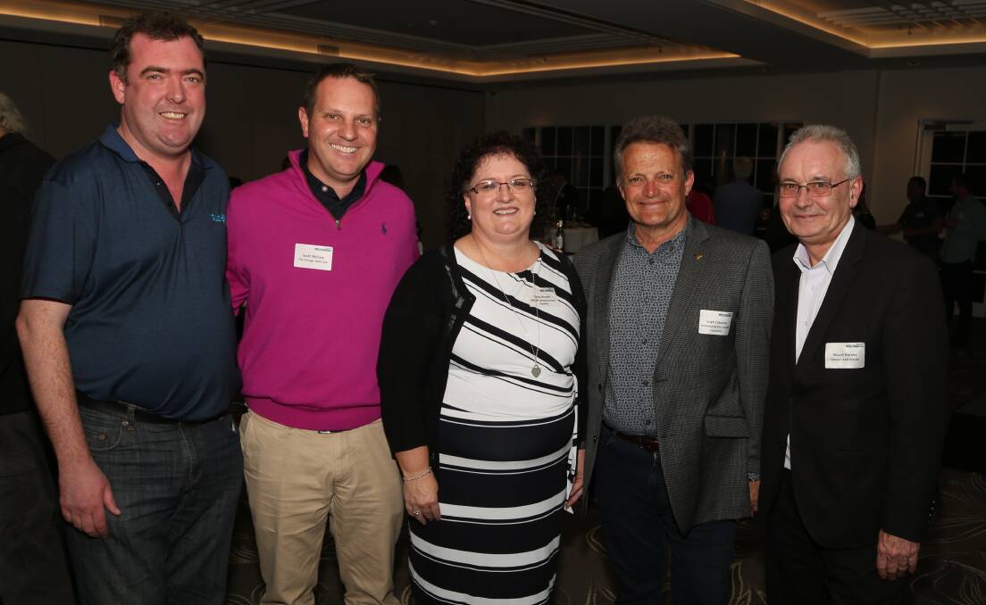 Leading the way: At the Destination Wollongong partner function were Mark Sleigh, The Grange's Scott McCaw, Tania Brown, Cr Leigh Colacino and Stuart Barnes. Picture: Greg Ellis.

