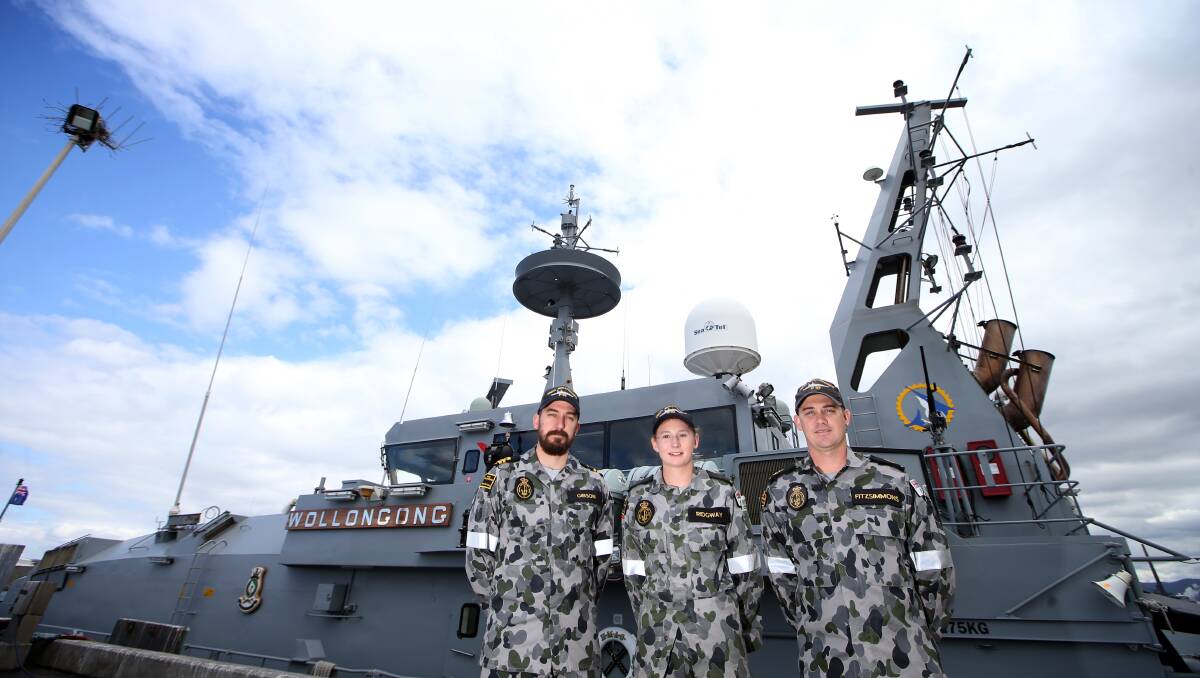 Looking forward to big weekend: Lieutenant Paul Gibson, Seaman Kaila Ridgeway and Leading Seaman Jason Fitzsimmons on board HMAS Wollongong. 